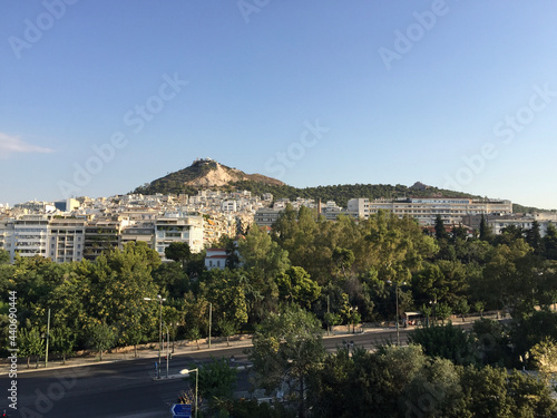 View of Mount Lycabettus from the Kolonaki neighborhood, a Cretaceous limestone hill in the Greek capital Athens. At 277 meters above sea level, its summit is the highest point in Athens.