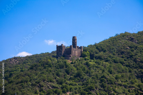 Panoramic view from the historic Maus Castle on the hill between a beautiful forest  Sankt Goar  Rhineland-Palatinate  Germany.