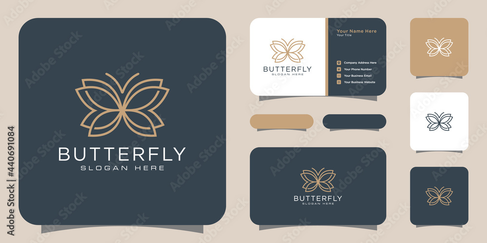 Butterfly symbol. minimalist line art logo design and business card