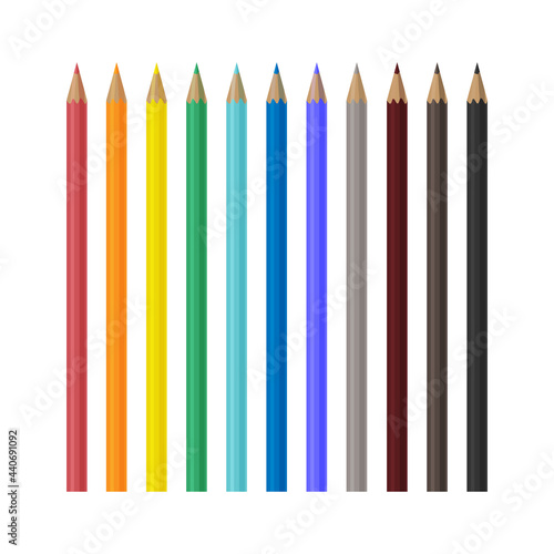 A large set of wooden colored pencils in different colors. School pencils for drawing. A set for creativity. Office supplies. Vector illustration on a white background