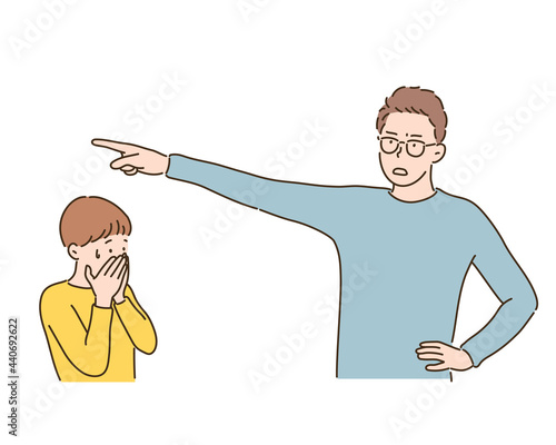 A father scolding his little son and making a gesture to get out. hand drawn style vector design illustrations. 