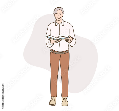 The man professor is holding a book and showing an angry expression.  hand drawn style vector design illustrations. 