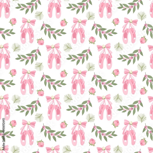 Seamless pattern with flowers, sweets, branches and ballet elements. Vector illustration.