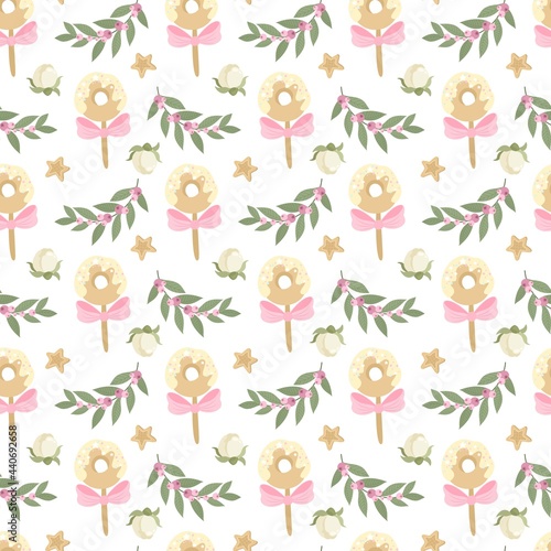 Seamless pattern with flowers, sweets, branches and ballet elements. Vector illustration.
