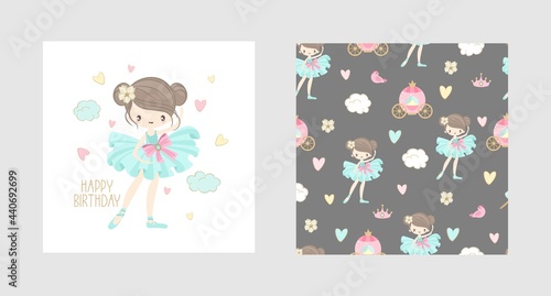 A set postcards Ballet for a Happy Birthday. Cute ballerinas, flowers, plants, patterns. Vector illustration.