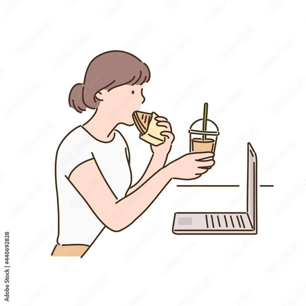 A girl is drinking a sandwich and coffee in front of a computer. hand drawn style vector design illustrations. A girl is drinking a sandwich and coffee in front of a computer. hand drawn style vector design illustrations.
