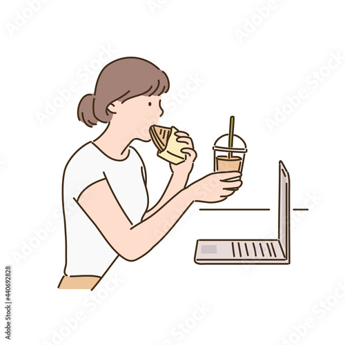 A girl is drinking a sandwich and coffee in front of a computer. hand drawn style vector design illustrations. 