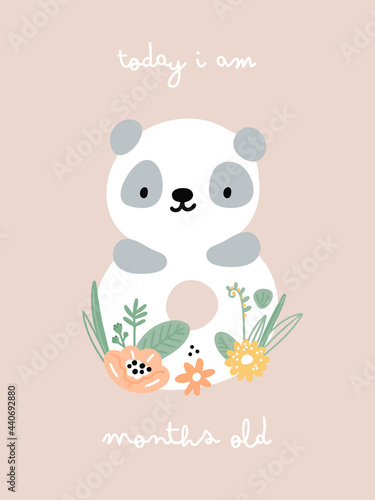 Baby milestone card with flowers and numbers for newborn girl or boy. 8 months. Baby shower print capturing the special moments. Baby 8 months anniversary card. Nursery print