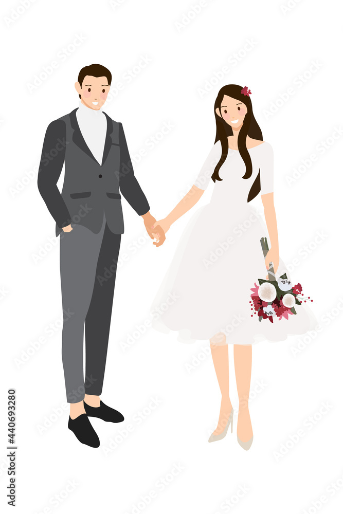 wedding couple holding hands in casual grey suit and dress flat style wedding couple holding hands in casual grey suit and dress flat style