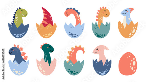 Cartoon cute dinosaurs set Baby Dino tail in egg