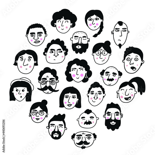 set of hand drawn people's faces in cartoon doodle style. Stickers, clip art, social media decor, signs, prints, etc. Diversity, society, multiethnic community theme. EPS 10