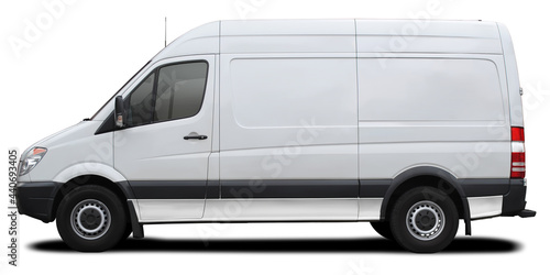 Side view of a modern cargo short-base American white minibus. Isolated on a white background.