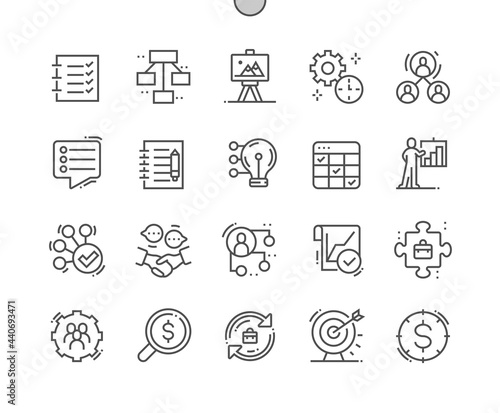 Planning. Notebook of tasks. Business model. Update project. Plan and deadline. Working, terms, time and organization. Pixel Perfect Vector Thin Line Icons. Simple Minimal Pictogram