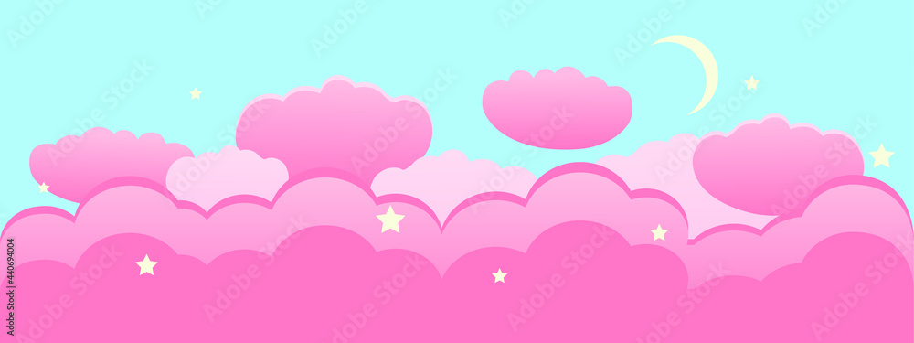 The moon, stars, clouds. A light background in delicate The moon, stars, clouds. A light background in delicate pink and purple colors. Design for a children's bedroom.