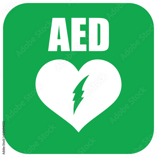 AED,automated external defibrillator / aed sign with heart and electricity symbol flat vector icon	
