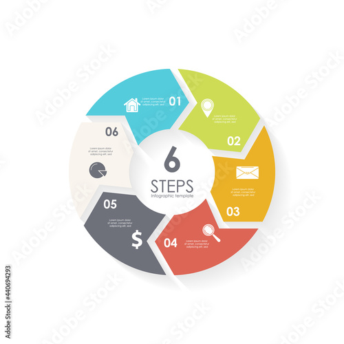 Vector circle infographic template with arrow for cycle diagram, graph, web design and charts. Business concept with 6 steps, parts or options. Abstract background.