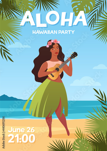 Young woman in traditional hawaiian skirt dancing hula dance with ukulele guitar. Aloha hawaii flyer template, tropical beach party