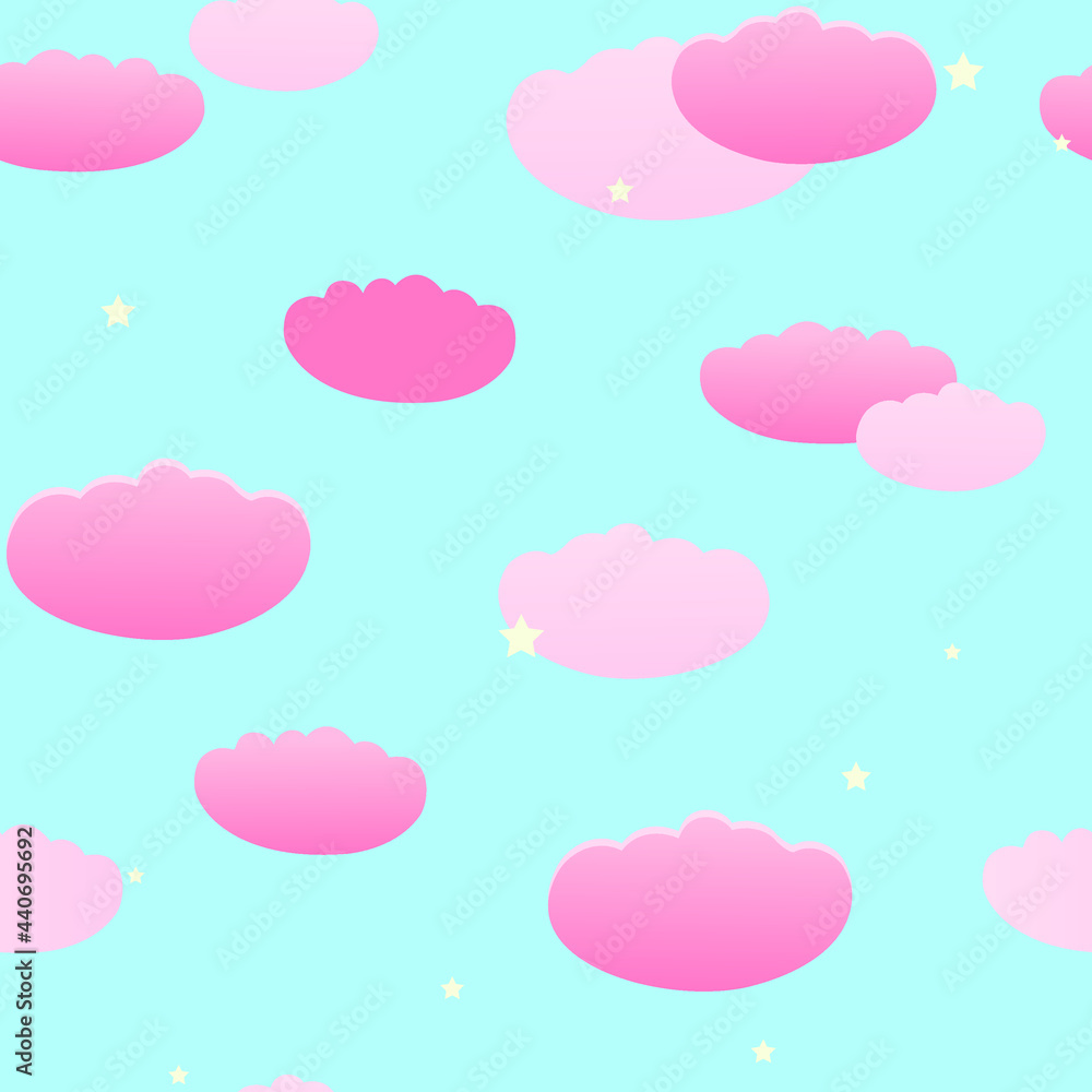 Gently pink clouds on a blue background. Seamless vector texture suitable for wallpaper, textiles, cards, notebooks. Romantic theme