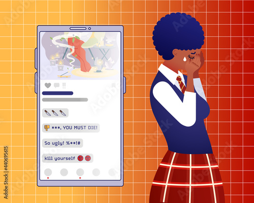 Sad teenage girl and smartphone on background. Cyber bullying metaphor - vector illustration