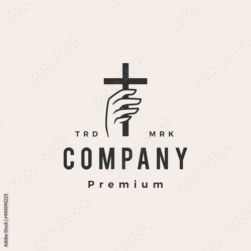 hand hold christ cross hipster vintage logo vector icon illustration