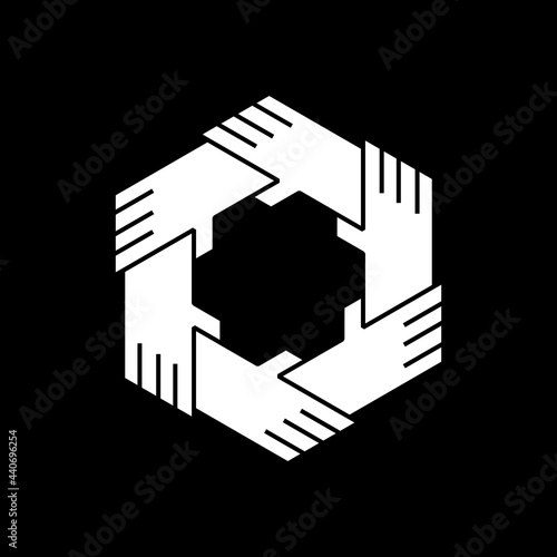 six hands holding tech other team work unity together logo vector icon illustration