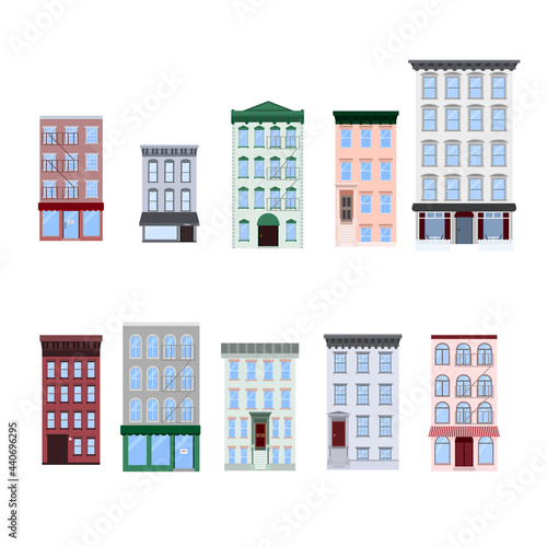 Set of flat vector illustration of walk-up residential apartment buildings, houses, stores, cafe, restaurants. Isolated on white background.