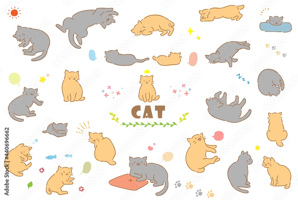 Obraz premium かわいい手描きの猫のイラストセット