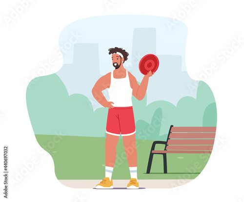 Male Character in Sportswear Holding Frisbee Disk in Summer Park. Sportsman Outdoor Training or Competition, Sports