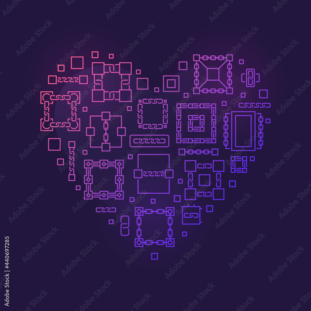 Vector Blockchain outline colorful heart shape banner