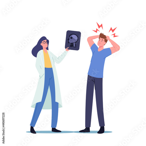 Migraine Concept. Doctor Show X-rays to Patient Character with Chronic Fatigue and Nervous Tension. Man with Headache