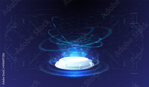 HUD futuristic portal hologram. Magic circle teleport podium. Abstract hologram technology. Modern stage in cyberpunk style. Vector show room