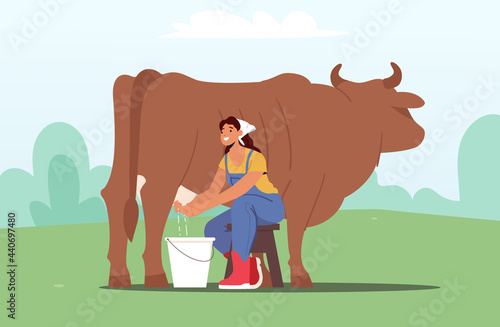 Young Milkmaid Woman in Uniform Sitting on Chair and Milking Cow into Bucket. Milk and Dairy Farmer Agriculture Products