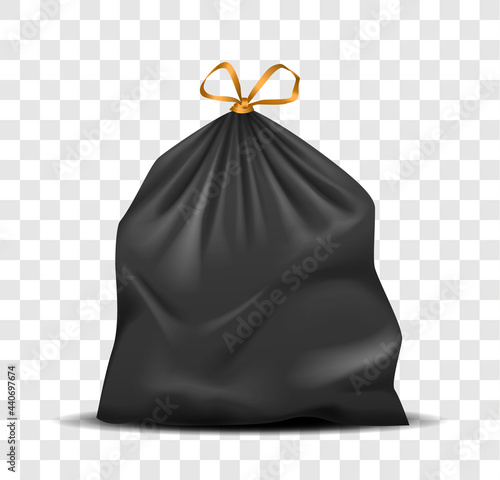 Black plastic bag full of rubbish. Recyclable and biodegradable disposable black plastic package