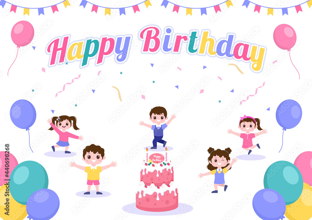 Happy Birthday Party Celebrating Illustration with Balloon, Hats, Confetti, Gift and Cake. For Making Card, Invitations, Photo Frames and Backgrounds Happy Birthday Party Celebrating Illustration with Balloon, Hats, Confetti, Gift and Cake. For Making Card, Invitations, Photo Frames and Backgrounds