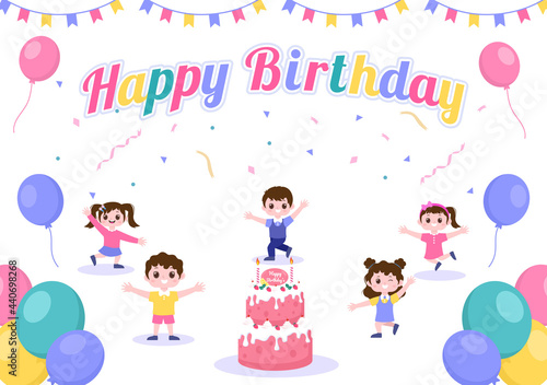 Happy Birthday Party Celebrating Illustration with Balloon  Hats  Confetti  Gift and Cake. For Making Card  Invitations  Photo Frames and Backgrounds