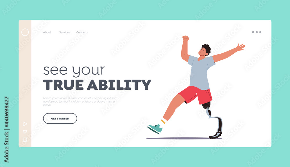 Disabled Athlete Character Run Training Landing Page Template. Sportsman with Bionic Leg Prosthesis Jogging Exercises Disabled Athlete Character Run Training Landing Page Template. Sportsman with Bionic Leg Prosthesis Jogging Exercises