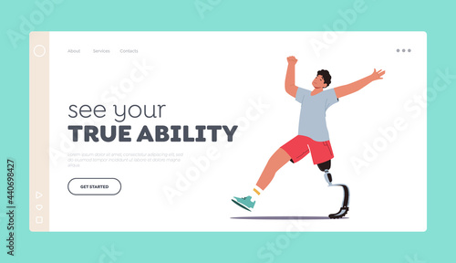 Disabled Athlete Character Run Training Landing Page Template. Sportsman with Bionic Leg Prosthesis Jogging Exercises