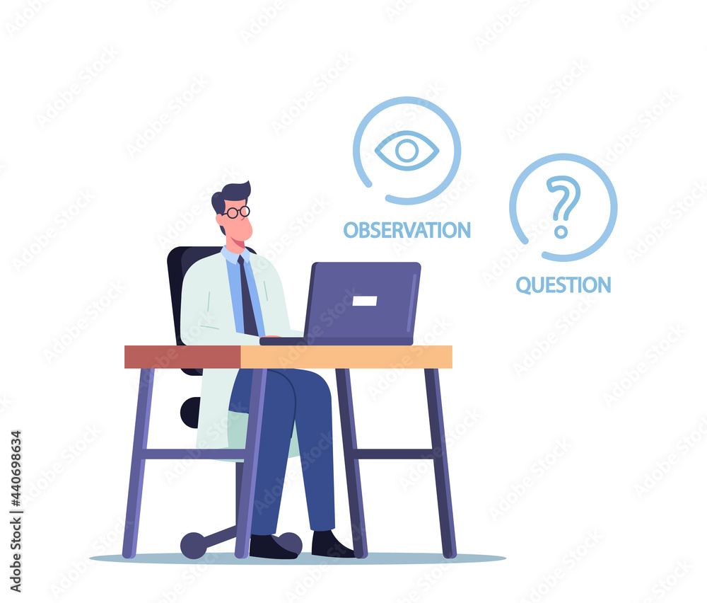 Scientist Male Character Work on Pc in Laboratory Use Scientific Methods Observation and Questions. Science Research Scientist Male Character Work on Pc in Laboratory Use Scientific Methods Observation and Questions. Science Research