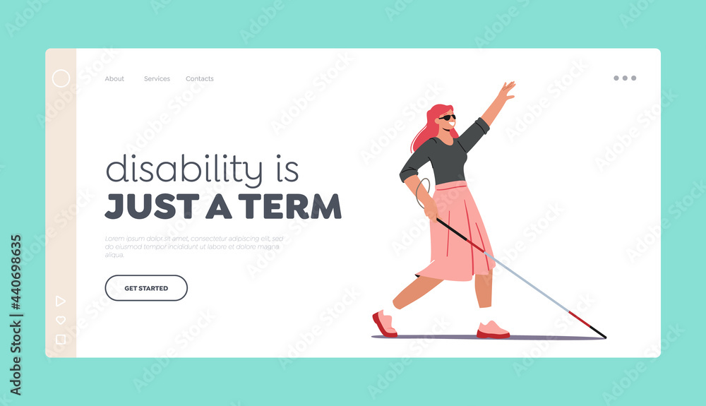 Disability Landing Page Template. Blind Woman with Cane and Sunglasses Walking along Street. Disabled Female Character