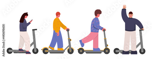 Riding electric scooters. Young people ride on modern transport. Isolated on white background