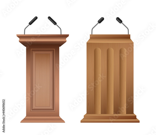 Classic wooden pulpit, podium or tribune set. Rostrum stand with microphone for conference debates
