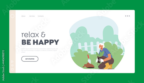 Active Female Pensioner Character Planting Tree Landing Page Template. Aged Woman Digging Soil with Shovel, Hold Plant