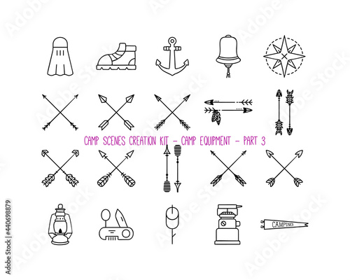 Set of various camping equipment icons. Part 3