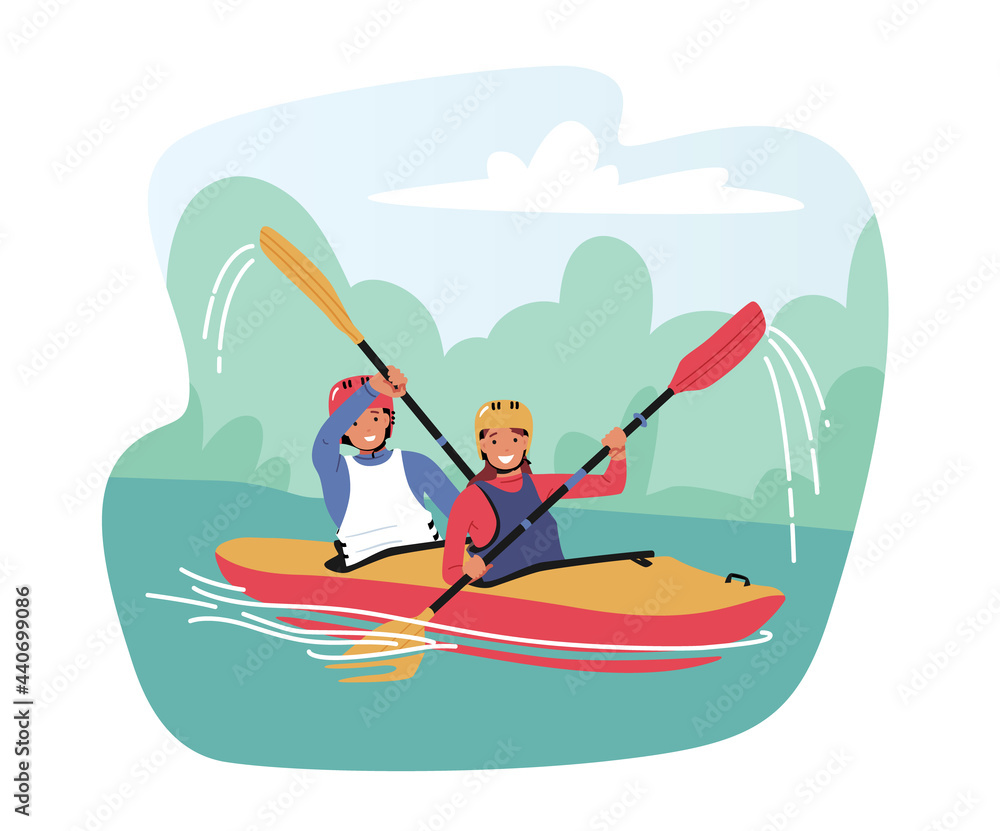 Kayaking or Rafting Sport Competition. Sportsmen Rowing in Kayaks at River Stream. Wild Nature and Water Fun on Vacation