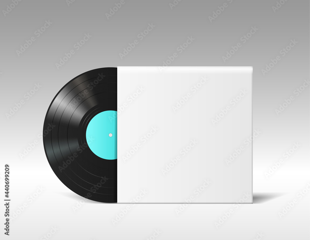 Realistic vinyl disc mockup in empty blank music album cover isolated