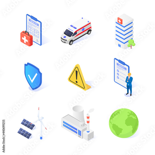 HSE Concept - Health, Safety and Environment. Set of isolated icons on a white background.