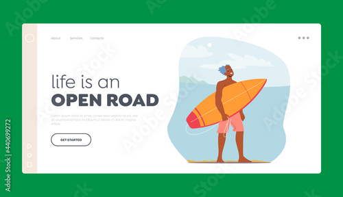 Senior Man Surfing Landing Page Template. Old Character on Ocean Beach with Surf Board in Hands. Sportsman Sparetime
