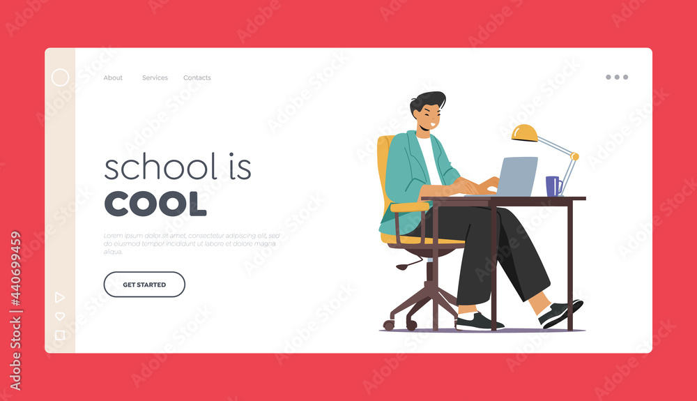 Education, Learning in University or College Landing Page Template. Student Character Work on Laptop Sit in Dormitory Education, Learning in University or College Landing Page Template. Student Character Work on Laptop Sit in Dormitory