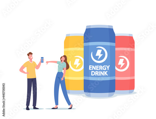 Woman Shaming Man who Drinking Energy Drinks. Tiny Male Character Addicted of Taurine or Caffeine Energetic Beverages