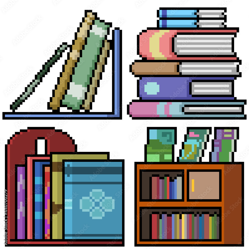 pixel art book shelf stack vector de Stock Adobe Stock
